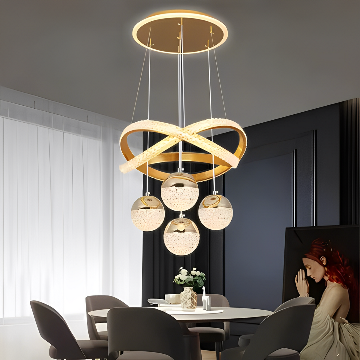 Lustre Círculo de Luxo  Aro Infinito Dourado - 3 Esferas
